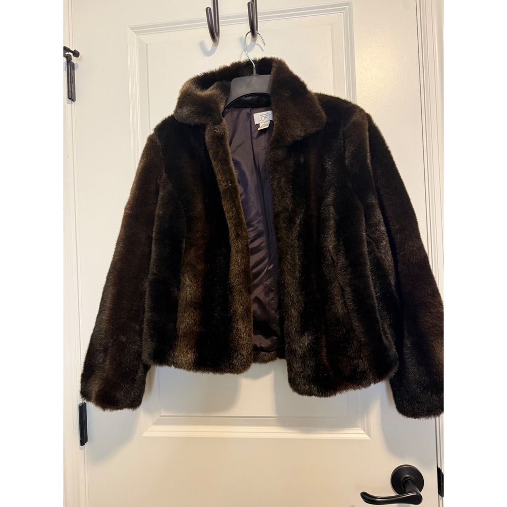 Ann Taylor Loft Faux Fur‎ Coat Womens 8 Brown Excellent Cropped Mob Wife Winter